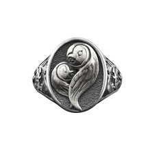 Bague chevalière ovale en argent gravée famille hibou pour hommes, hibou...