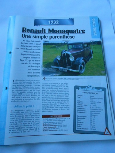 1932 fiche carte auto - carte, renault