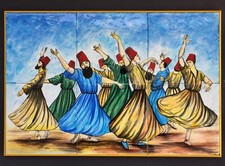Superbe TABLEAU CARREAUX CERAMIQUE signé A. GIGER Sema Derviches Tourneurs Danse