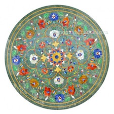 24 " Vert Marbre Rond Café Table Top Pietradura Incrustation Handmade Home Décor