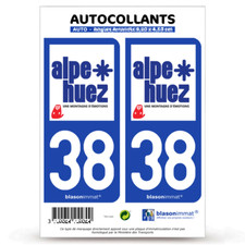 2 Stickers autocollant plaque immatriculation 38 Alpe d'Huez - Commune
