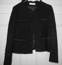 Veste style couture UN JOUR AILLEURS 40 noire tissu tissé, chainettes, col voile