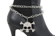 Bottes Femmes Bracelet Argent Métal Chaîne Strass Chaussure Bling Tête de Mort À