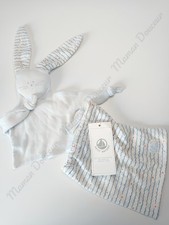 Doudou Plat Lapin Bleu Ciel Rayé/Vagues Bleu Clair Etoiles Orange - Petit Bateau