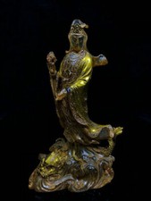 10.2" Marked old china Gilt glaze stand fish Kwan-yin Guan Yin Goddess sculpture