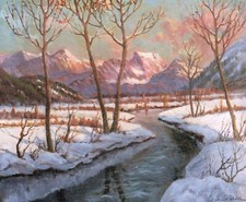 Serge SEDRAC tableau paysage suisse Alpes Engadine hiver neige rivière arbres