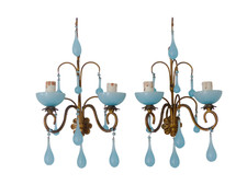 MURANO 1930 Antique PAIR Wall Light Aqua Blue Opaline Drops Cup Bead Chandelier
