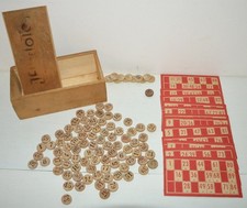 Très ancien coffret bois boite Jeu de LOTO jetons bois cartes carton vintage 50'