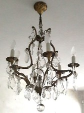 LUSTRE BRONZE DORE   MASSIF A  PAMPILLES  CRISTAL   6   BRANCHES SUPERBE !!!