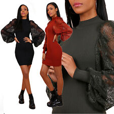 Robe Femme Courte En Maille À Manches Longues Bouffantes En Dentelle TVP092.