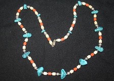 Vintage 27" Faux Turquoise Coral Ivory Silver Tone Necklace Beads Barrel Clasp