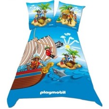 *Housse de couette + 1 TAIE bleue PLAYMOBILE pirate - PARURE DE LIT - 1 place