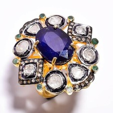 Saphir Naturel Bleu & Polki Bague Diamant 925 Argent Sterling Ancien Cadeau