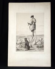 Gravure de Armand Queyroy 1863 "Dans les Landes" Berger tricotant