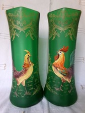 PAIRE DE VASE LEGRAS EMAILLE COQ ET POULE