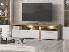 Meuble TV Bas 163Cm Blanc Brillant Artisan Chêne Moderne