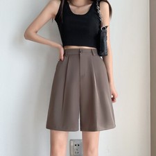 Femme Mince Costume Short Jambe Large Culotte Desseré Taille Haute Droit Bouton