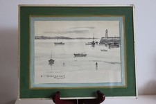 Encre vue de Port Phare Bateau par Emile Mangenot era Aquarelle Mer