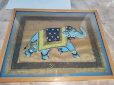 Inde ANCIEN tableaux cadres sous verre peinture sur soie éléphants  A Saisir