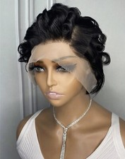 Perruque Naturelle Femme Courte Noir Wig Lace Front Coupe Pixie 15cm +1 Bonnet