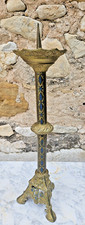 ANCIEN PIQUE CIERGE TRIPODE FLEURS DE  LYS CROIX  EMAILLÉS HAUTEUR 50 CM