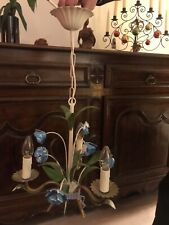 ANCIEN LUSTRE CHANDELIER 3 LAMPES PLAFOND MOTIF FLEURS FONCTIONNE 66 cm