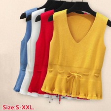 Femme Tricoté Gilet Pull Débardeur Col V sans Manche Cravate Taille