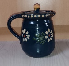 Ancien Pichet Poterie d'Alsace De Soufflenheim Bleu Avec Fleur + Couvercle