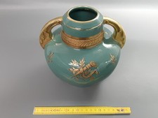 Ancien très beau vase céramique vert et doré déco fleurs palmes french antique