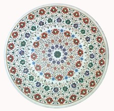 36 " Rond Marbre Blanc Centre Table Top Incrustation Demi Précieux Pierres