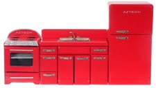 Poupées Maison 1950's Rétro Rouge Meuble Cuisine Ensemble Miniature Frigo Évier