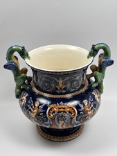 Grand Vase / Cache-Pot en Faïence de GIEN Décor Renaissance Fond Bleu