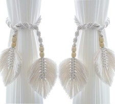 Lot de 2 embrasses de rideaux en coton macramé bohème avec perles en bois - B...