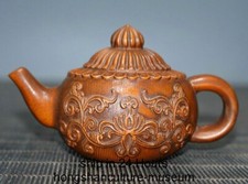 3.2" Old Chinese Boxwood Wood Carving Flower Handle Wine Tea Pot Flagon
