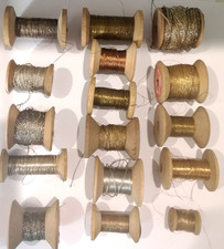Fil Doré Argent Cuivré lot 16 Bobines Bois Anciennes Brodeuse Broderie lunéville