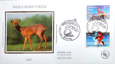 FRANCE 2007 FDC 1° JOUR 2 TIMBRES 142/144 AUTOADHESIF VOEUX NOEL FAON CERF CHIEN