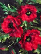 Vintage French Vibrant Poppy Hand Needlepoint Cushion Cover ready to stuff!
