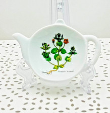 Ancien repose-sachet de thé porcelaine blnc motif fleurs Anagallis Arventis