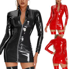Mini Robe Moulante En Cuir Pvc Pour Femme Aspect Mouillé Vinyle Manches /