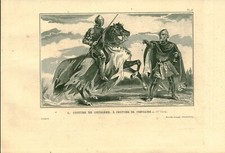 Gravure ancienne sur acier XIXème costumes gendarme et chevalier issue de livre