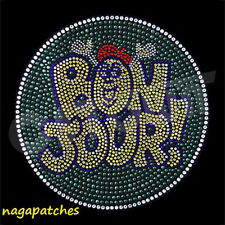 Patch motif transfert strass thermocollant Bonjour / embellissement DIY