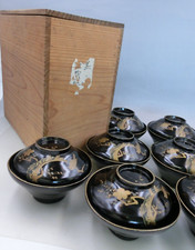 Japonais Ancien Edo 18C en Bois Soupe Boules Uguisu Ume Maki-E 10-Set #2