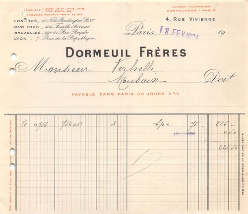 Facture 1924 dormeuil freres - facture,