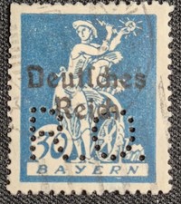 TIMBRE ALLEMAND N°34 DEUTSCHES REICH 1920 BAYERN BAVIERE 30 BLEU OBLITÉRÉ