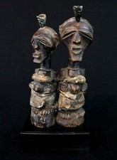 Art Africain Couple Statuettes Fétiches Songye sur socle Ex Congo Belge - 16 Cms