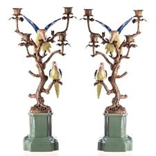 Paire de 2 bougeoirs perroquet en porcelaine et bronze