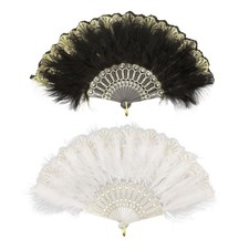 2 Pièces Noir Blanc 1920s Éventail Plume Embroidered Flower Marabou Feather F...