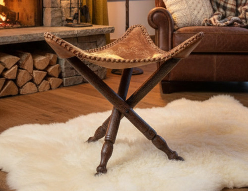 Tabouret pliant cuir bois - ,