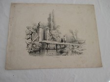XIXe Lithographie gravure 31 X 21cm campagne anglaise le petit pont de bois
