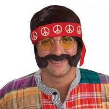 Costume Hippie Adulte Années 60-70 Avec Perruque, Bandeau, Moustache Et Favoris